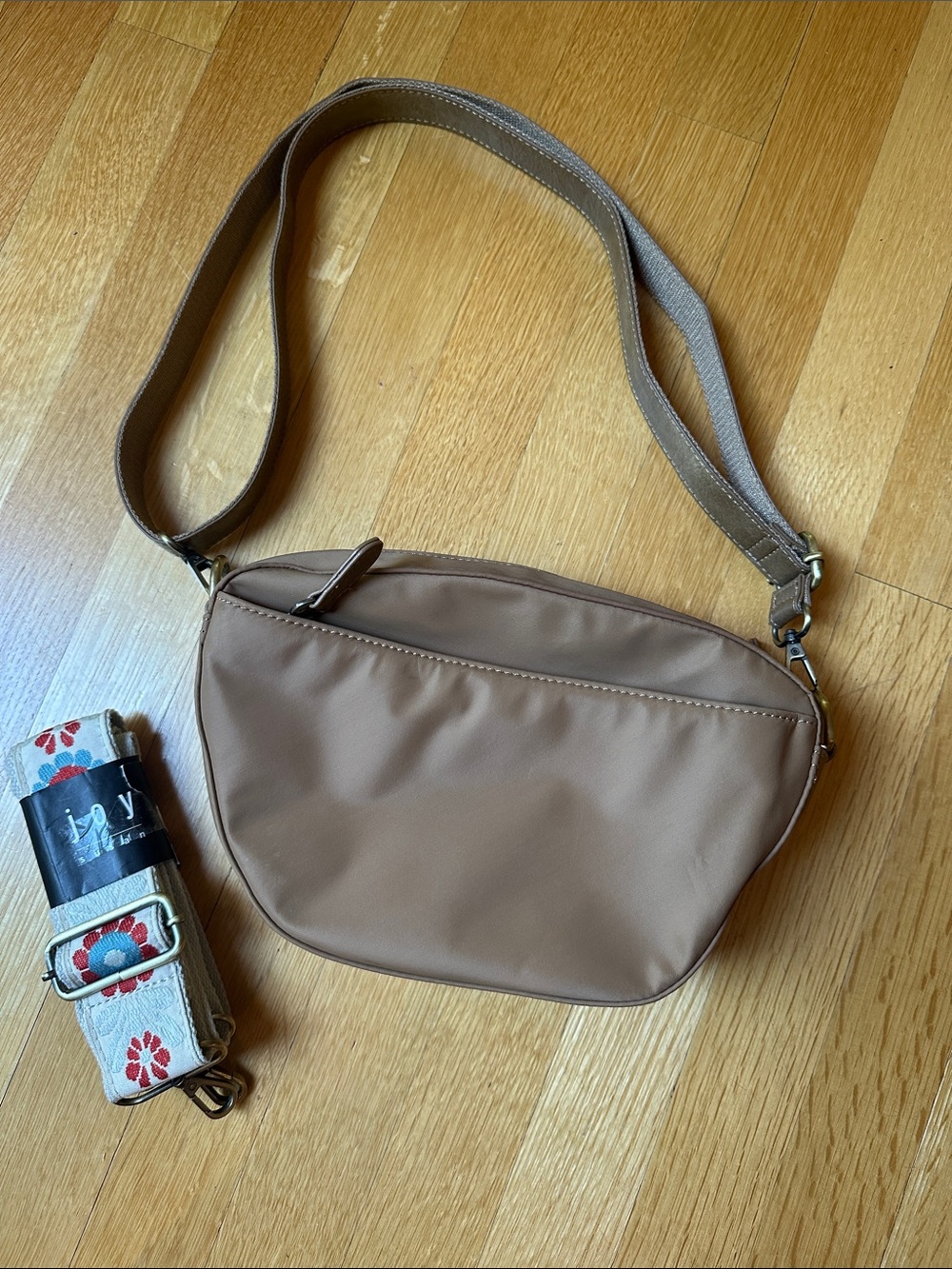Joy Susan Tan Crossbody Bag with Removable Floral Strap